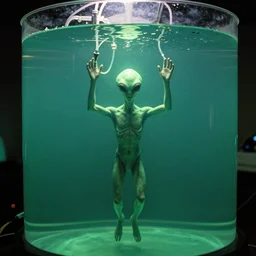 a weird humanoid alien is suspended in a tank of dense liquid, hands held up by the pressure inside the tank, tubes coming from the top of the tank connecting to the alien's body, back lit, green glow, 35 mm film photography