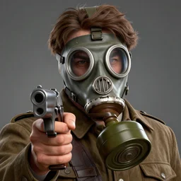 joseph stalin, wearing a gas mask holding a pistol, close - up, hyper detailed 3 d matte painting, federico pela + greg rutkowski, hyper detailed 3 d render by unreal engine