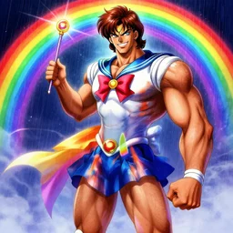 crossdressing magical man in anime style, colorful dress, holding wand, fantasy, smile, illustration, body hair, muscular, full body, face, head, workout, male, body builder, digital painting, best on artstation, best on cgsociety, simon stalenhag, epic, stunning, rainbows, sailor moon, hdr, highly detailed