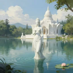 a beautiful lake with a white marble temple to the water goddess, a fantasy digital painting by greg rutkowski and james gurney, trending on artstation, highly detailed
