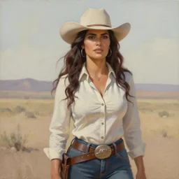 a matte painting of salma hayek wild west woman, oil painting, pale colors, high detail, 8 k, wide angle, trending on artstation,