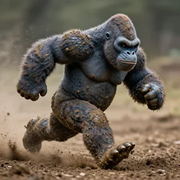 action photography, long shot, award winning macro photo of an ultra detailed intricate muddy king kong running very fast on mud, dirt and dust, fast shutter speed, motion blur, tiny gaussian blur, highly detailed, highly intricate, depth of field, national geographic