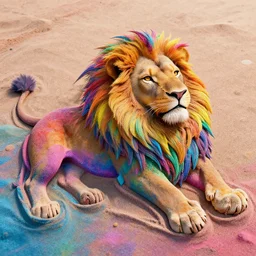 lion made of rainbow sand, multicolor, colour in fringes, very colourful, volumetric light, cinematic, extremely detailed, cgi, trending on artstation, hyper realistic, hd wallpaper, sharp, michael whelan, ted nasmith