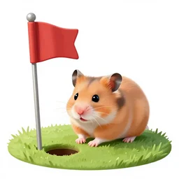 “ hamster coming out of a golf hole, golf flag next to the hole, golf terrain ”