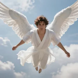 a digital concept art of a beautiful male angel wearing white angelic clothes flying among heaven and a detailed face