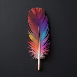 realistic photo of colorful one big feather, minimal with one feather in center, highly textured, dark smooth background, very sharp focus, 3 d octane render, in the style of greg rutswoski, very hyper realistic, highly detailed, fantasy art station