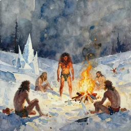 abstract watercolor painting of prehistoric caveman center of stage, icescape, fire hearth, desolation, paint brush strokes,, art by hans dahl and jesper ejsing and anders zorn, wonderful masterpiece by greg rutkowski, cinematic light, american romanticism by greg manchess, creation by tyler edlin