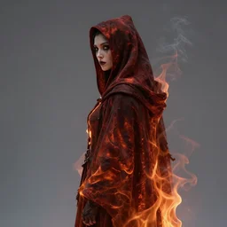 old shadow hag cloaked in ethereal fire and smoke looking away from camera, profile shot, hyperrealistic, subject in center of frame, neonpunk, watercolor portrait by rembrandt and kim jung gi, jan van eyck, artstation, deviantart, rule of thirds