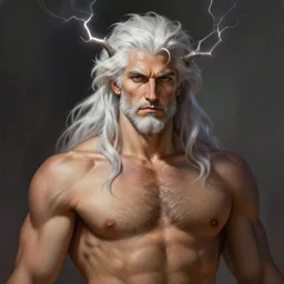 painted portrait of rugged sephirot, god of thunder, greek god, white hair, masculine, mature, handsome, upper body, muscular, hairy torso, fantasy, intricate, elegant, highly detailed, digital painting, artstation, concept art, smooth, sharp focus, illustration, art by gaston bussiere and craig mullins