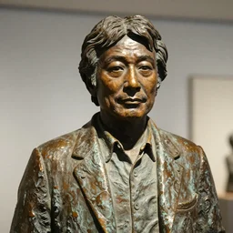 close up shot of an old bronze statue of takeshi kitano in a museum