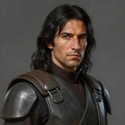 portrait of a man by greg rutkowski, a jedi commander, arabian features and olive skin, long black hair, wise appearance, wearing the tactical gear of the galactic alliance, star wars expanded universe, he is about 4 0 years old, highly detailed portrait, digital painting, artstation, concept art, smooth, sharp foccus ilustration, artstation hq