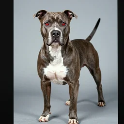 The Terminator (1984) as a pitbull dog, red eyes, exoskeleton, yearbook photo