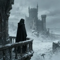 matte painting of a cloaked figure standing on the balcony of a fantasy castle overlooking a desolate snowy landscape, horror