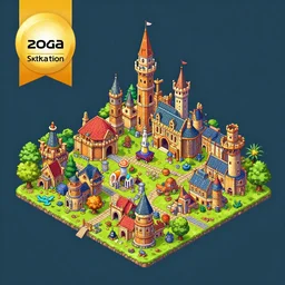 medieval town in patapon style. inspired by playstation style. matte background, luminous colors, high definition, behance award winner