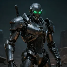 Close up of a singular skeletal mechanical warrior, green glowing eyes reflecting on the mettalic armor. At night, underexposed, desolated wasteland, matte painting by Craig mullins and Emmanuel_Shiu, cinematic, dark sci-fi, concept art trending on artstation, 4k, insane details, ultra realistic