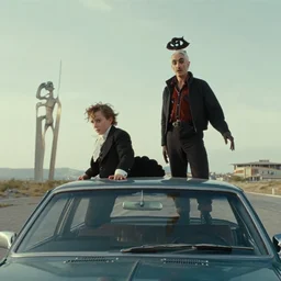 the hip creature on the car, film still from the movie directed by denis villeneuve and david cronenberg with art direction by salvador dali and zdzisław beksinski, wide lens