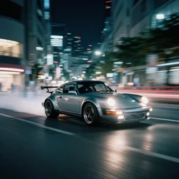 photo of a porsche 911 at night drifting through a city, cinematic, 4k, long exposure photography, tokyo drift, fast and furious, film still, night photography, motion blur, lens flare, movie shot, light trail, distortion, wide angle, reflections