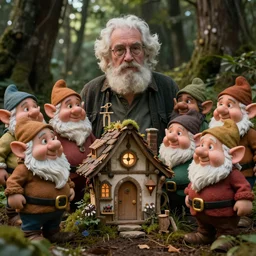 movie scene portrait closeup, real life team of chubby elves gnome people building a tiny house in the forest natural lighting by emmanuel lubezki