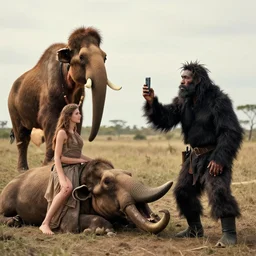 “in the prehistory color photo of a real Neanderthal man taking an iPhone photo of his wife on a dead mammoth , National Geographic , anthropology photo”