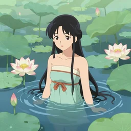landscape, anime, traditional Japanese, beautiful portrait of a girl soaked in a lotus pond, by Førtifem, digital art, purple color scheme