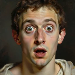 portrait of ancient greek idiot with big eyes and sharp nose and open mouth. fine detail. artistic painting by lurid