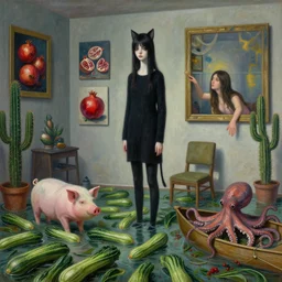 realistic painting of a flooded artist's apartment and a tall emo catgirl, infinite courgettes, a pig, a lady reaching out from inside paintings on the wall, pomegranates, cactus, octopus, canoe, berries, zen, sensual, surrealist painting by magritte and rousseau and monet