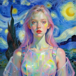 portrait of a beautiful girl, expressive paint drips, intense psychedelic trip, futuristic clothes, pastel neon colors, beautiful face, rule of thirds, spotlight, expressive, passionate, by mandy jurgens, by vincent van gogh, digital painting