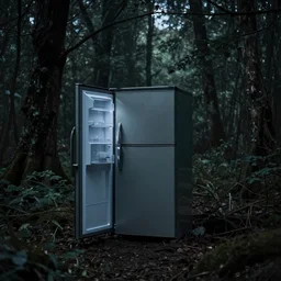 a fridge in the middle of a dark and scary forest, sinister, mysterious, stranger things style photo, hdr, trend on artstation