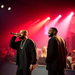 drake and kanye west performing at rolling loud, bokeh, color grading, filmic, dslr, velvia, vintage, spectral color, post - production