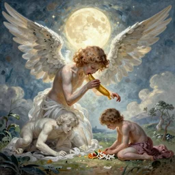 Paradise. Soul eating angels satisfy their hunger. in style of Valls Dino,