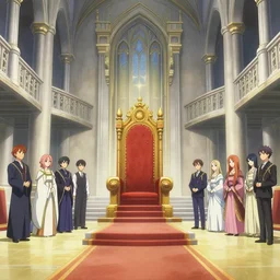 key anime visual portrait of a castle's main hall interior with throne, servants, nobles, designed by mika pikazo, dynamic pose, dynamic perspective and angle, cinematic, film grain, detailed, intricate, at night, dramatic lighting, colorful, vivid