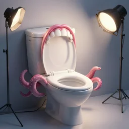 toilet bowl with mouth and teeth, tentacle hands,  studio light, wapor wave retro design  by greg rutkowski