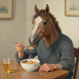 a painting of a man with horse head sitting at a table eating cereal, artstation