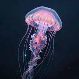 hyperdetailed digital illustration of a voluptuous jellyfish, with cyberpunk details. seen from the distance. hd matte background