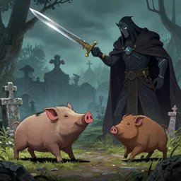 grag the hog challenges rhilu the guardian of the last graveyard to a duel, but a higher entity watches over there misdeed and strikes them down using the blade of becnode by beksinski, 8 k,