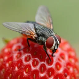 fruit fly close-up, an extreme macro zoom shot, a big strawberry