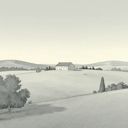 A serene landscape with a singular building in the style of Moebius.