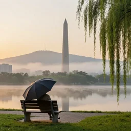 masterpiece, willow, mountain, city, park bench, river, umbrella, vw beetle, national monument, swirl, mist, fog, sunset, surreal, fantasy, by andreas franke and santiago calatrava, rhads, digital art, highly detailed, artstation, 8 k hdr