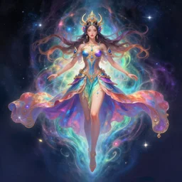 Female deity in an elaborate colorful dress floating in space, auroracore ethereal fantasy style, highly detailed, centered, digital painting, artstation, illustration