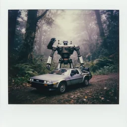 trans - formers!!, robocar deloreanrobot mech, fog, in deep fairy jungle forest jungle, overcast! cinematic focus, old damagaed polaroid photo, vintage, neutral colors, faded!! very soft lights, big overcast, very foggy, full shot by steve hanks, by serov valentin, by lisa yuskavage, by andrei tarkovsky