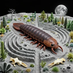 huge woodlouse, axolotl, bones of dead animals, solovetsky labyrinths, a landscape on the moon with many craters, a lot of exotic vegetations, trees, tea terraces, a beautiful flowering garden, machu picchu, intricate detaild, pale colors, 8 k, in the style of martin johnson heade and roger dean