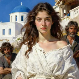 beautiful painting of a beautiful woman with white linen with greece in the background by yoji shinkawa frank frazetta, charlie bowater, magali villeneuve, j. c. leyendecker,