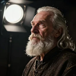 portrait of an old, medieval alchemist in the dark, he is looking into the distance thoughtfully!!. close up, strictly 9 0 degrees, studio lighting bright ambient lighting key light, fantasy, detailed, photorealistic portrait by michael komarck, greg rutkowski, victo ngai, artgerm and j. dickenson