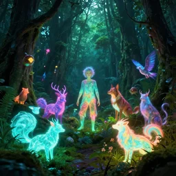 mystical glowing magical animals in murky evergreen forest, highly detailed, bright neon colors, cinematic, synthwave, tim white, vladimir kush, roger dean, boris vallejo, chris foss, michael whelan, lisa frank, bob eggleton, alfred kelsner, kubrick