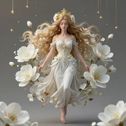 portrait photo of a surreal goddess floating among white flowers, gold raining in the background, ultra super good realistic 3D render by Pete Morbacher and Emil Melmoth, insanely detailed, trending on artstation, sharp focus