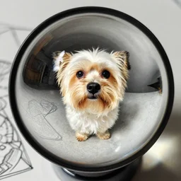 fish eye lens portrait of one havanese dog reflected in a chrome sphere, ultra wide 8 mm, by m c escher pen and paper