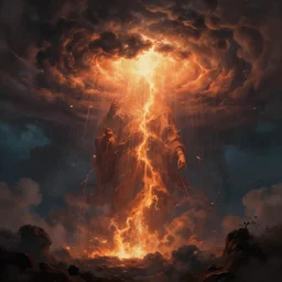 a giant thunder god can be seen in the sky, as fire rains down from the clouds, dark, moody matte painting in the style of greg rutkowski and james gurney, trending on Artstation, digital art
