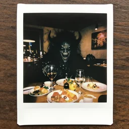 horrible eldritch god at a sunday brunch, in the style of a polaroid photo