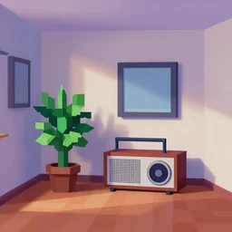 a digital painting of a room containing a potted plant and a radio, framed with walls floor and ceiling, a low poly render by edward okun, symmetry, polycount, computer art, vaporwave, # screenshotsaturday, voxel art