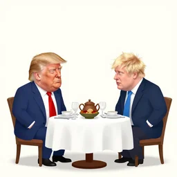 donald trump and boris johnson are cartoon characters. they are having dinner together.